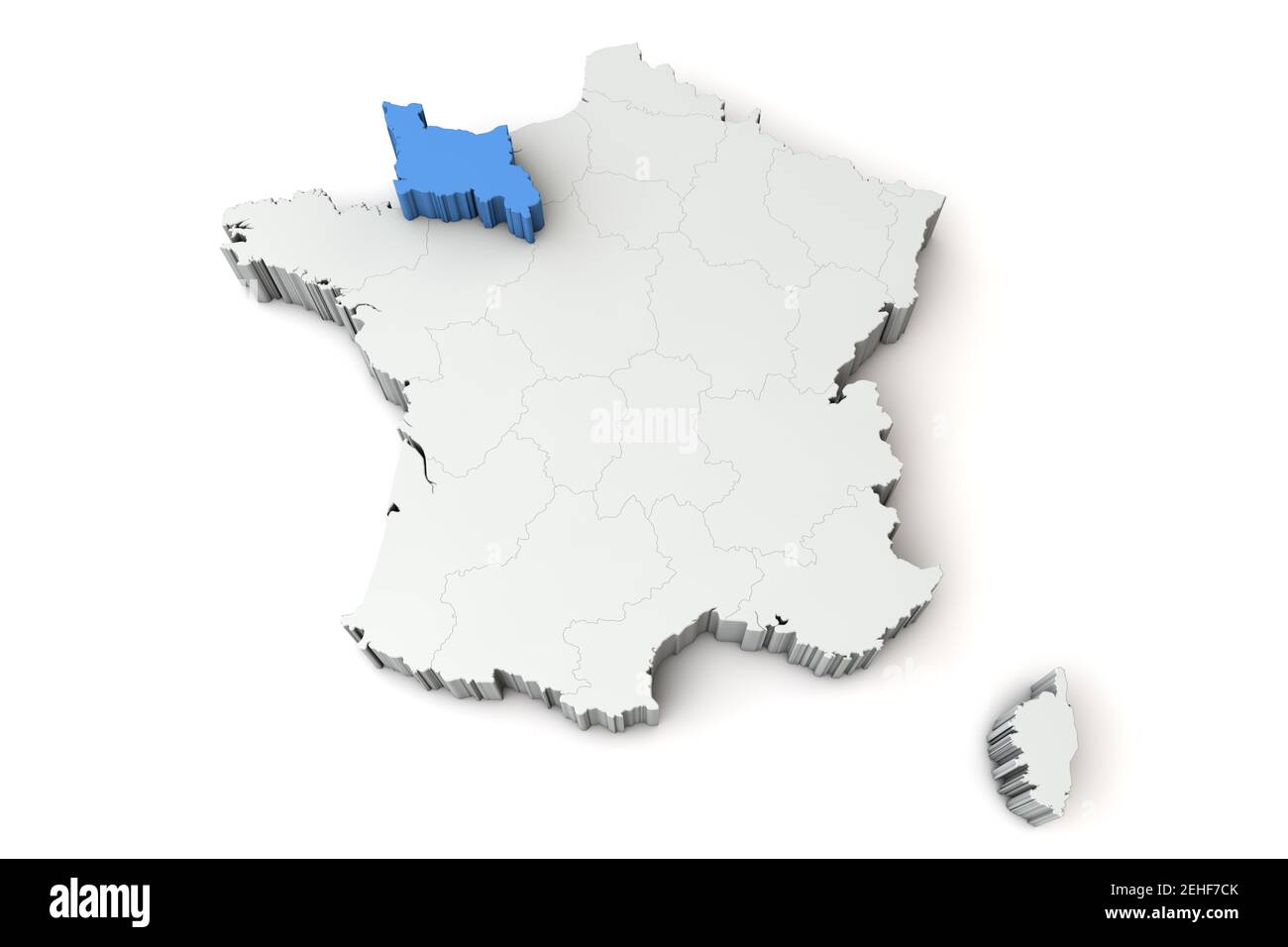 Map of France showing Lower Normandy region. 3D Rendering Stock Photo