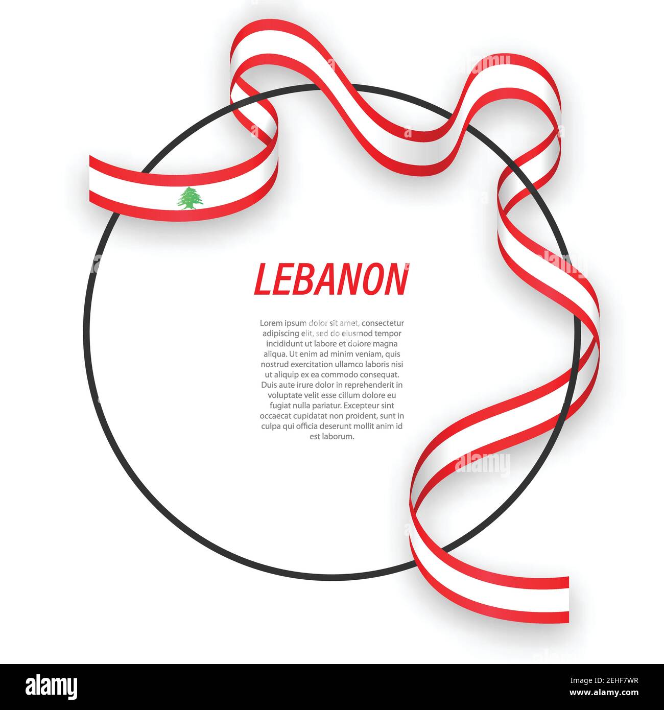 Waving ribbon flag of Lebanon on circle frame. Template for