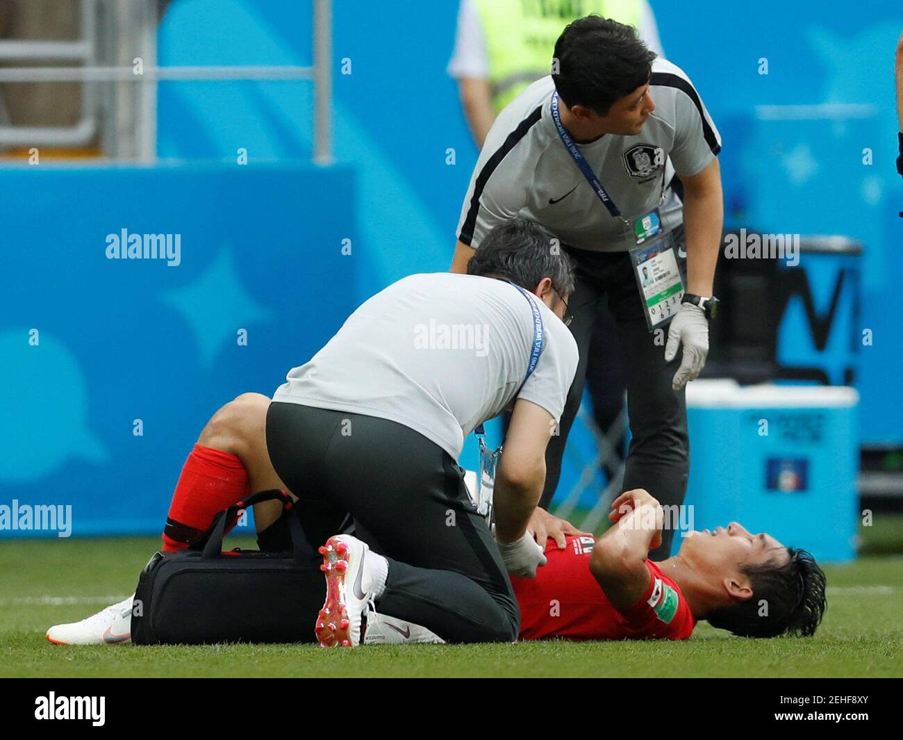 Soccer Football - World Cup - Group F - South Korea vs Mexico - Rostov Arena, Rostov-on-Don, Russia - June 23, 2018   South Korea's Lee Yong receives medical attention              REUTERS/Damir Sagolj Stock Photo
