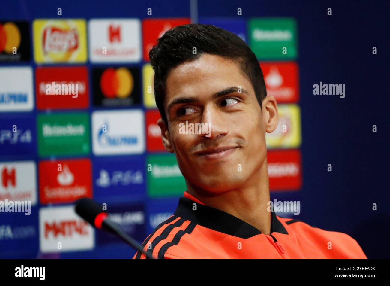 Soccer Football - Champions League - Real Madrid Press Conference - Moscow, Russia - October 1, 2018   Real Madrid's Raphael Varane during the press conference   REUTERS/Sergei Karpukhin Stock Photo