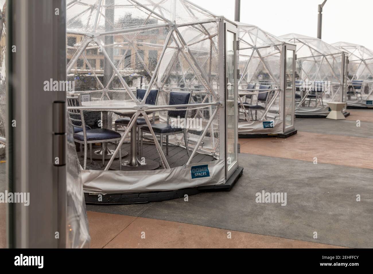 Grand Rapids, Michigan - Outdoor dining igloos at the JW Marriott Hotel during the coronavirus pandemic. Stock Photo