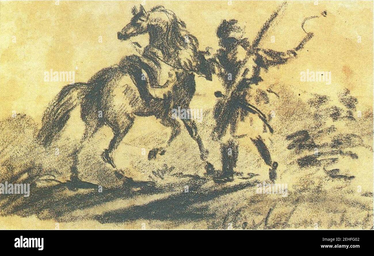 Paintings by Mikhail Lermontov, 1832-34, cherkes with horse. Stock Photo