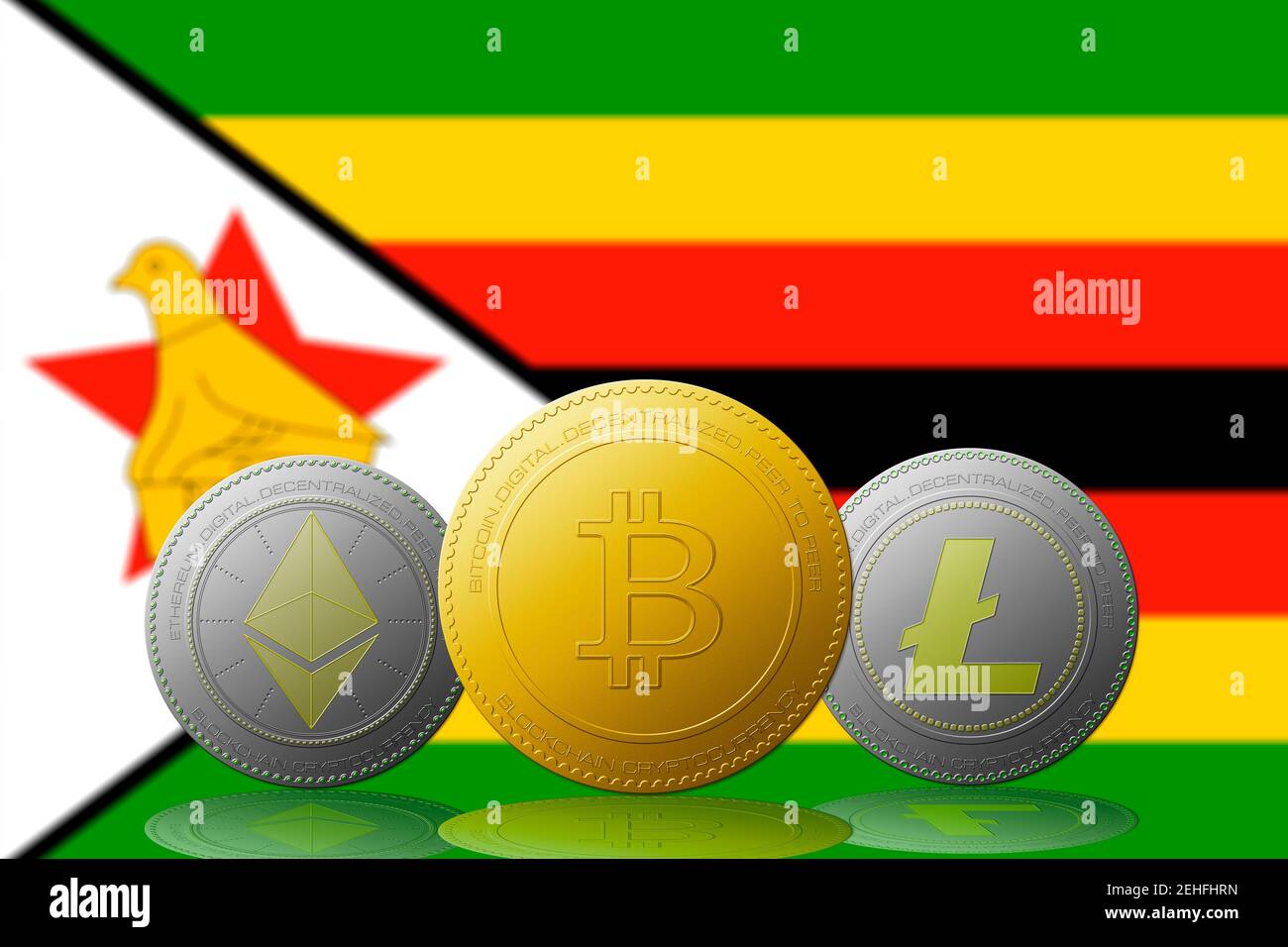 Three cryptocurrencies Bitcoin Ethereum and Litecoin with Zimbabwe flag on  background Stock Photo - Alamy