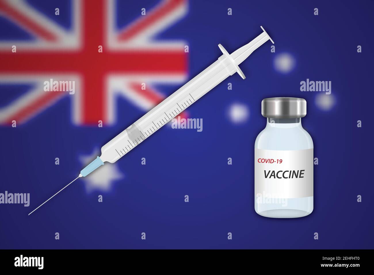 Syringe and vaccine vial on blur background with Australia flag, Template for vaccination banner Stock Vector