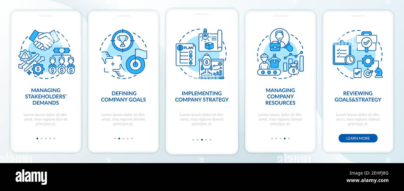 Top management tasks onboarding mobile app page screen with concepts Stock Vector