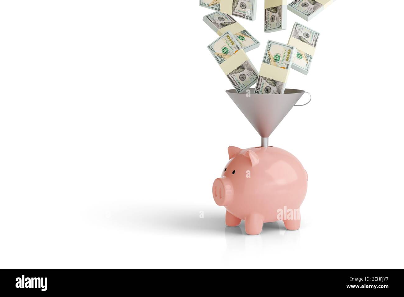 Wad of dollars falling into a piggy bank with a funnel isolated on white background. 3d illustration. Stock Photo