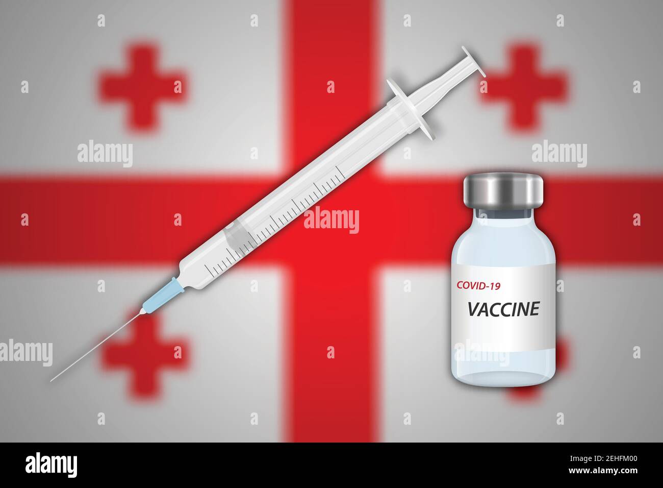 Syringe and vaccine vial on blur background with Georgia flag, Template for vaccination banner Stock Vector