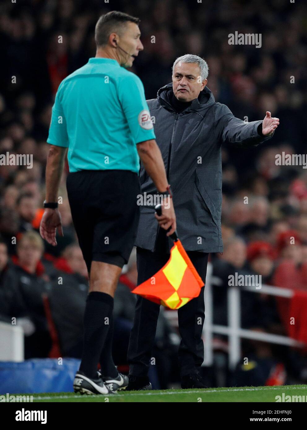 Soccer Football - Premier League - Arsenal vs Manchester United - Emirates Stadium, London, Britain - December 2, 2017   Manchester United manager Jose Mourinho remonstrates with an assistant referee   REUTERS/Eddie Keogh    EDITORIAL USE ONLY. No use with unauthorized audio, video, data, fixture lists, club/league logos or 'live' services. Online in-match use limited to 75 images, no video emulation. No use in betting, games or single club/league/player publications. Please contact your account representative for further details. Stock Photo