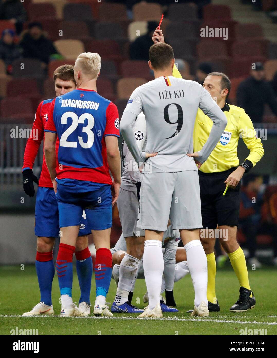 Soccer Football - Champions League - Group Stage - Group G - CSKA Moscow v AS Roma - Luzhniki Stadium, Moscow, Russia - November 7, 2018  CSKA Moscow's Hordur Magnusson is shown a red card by referee Cuneyt Cakir  REUTERS/Sergei Karpukhin Stock Photo