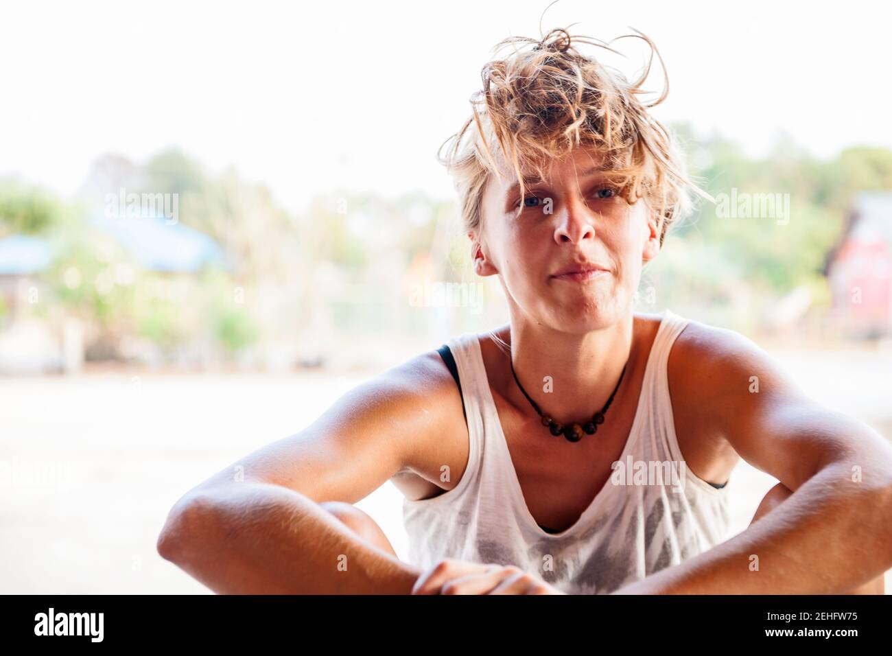portrait of blonde woman on vacation in Laos Stock Photo