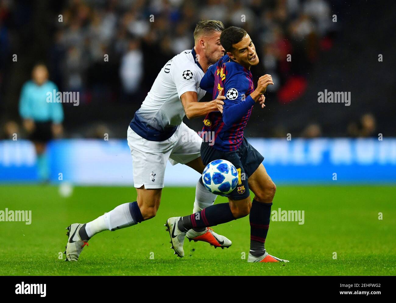 Soccer Football - Champions League - Group Stage - Group B - Tottenham Hotspur v FC Barcelona - Wembley Stadium, London, Britain - October 3, 2018  Tottenham's Toby Alderweireld in action with Barcelona's Philippe Coutinho   REUTERS/Dylan Martinez Stock Photo