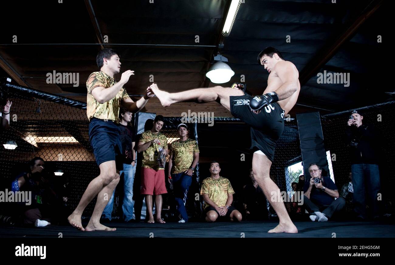 UFC fighter Lyoto Machida, right, during a training session at the Black House gym in Gardena, California on October 20, 2009. Francis Specker Stock Photo
