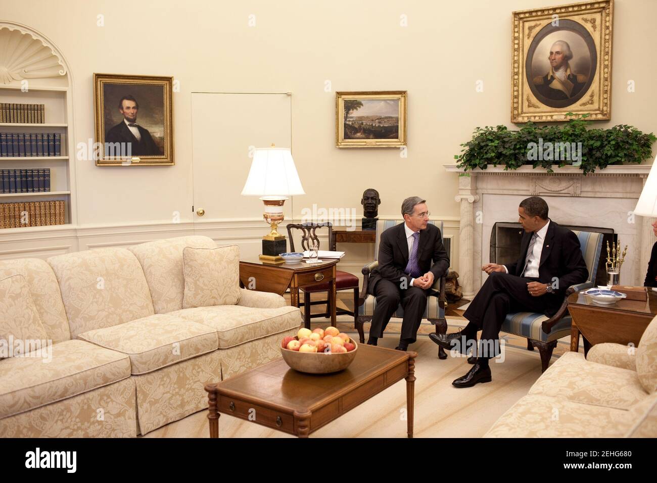 President Barack Obama meets with President Álvaro Uribe of Colombia in the Oval Office of the White House, June 29, 2009. Stock Photo