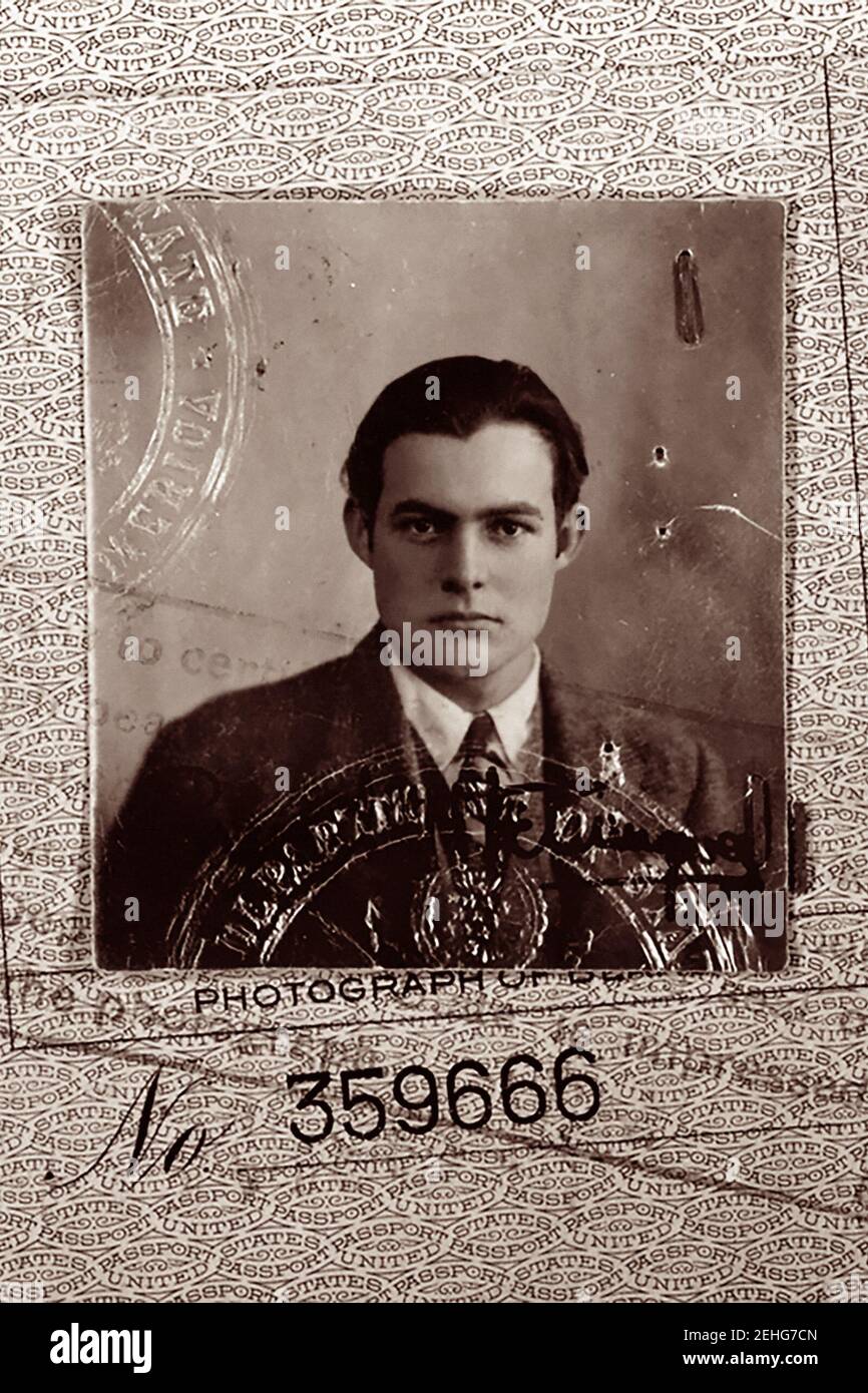 1923 Passport photo of Ernest Hemingway (1899–1961), American novelist and short-story writer who was awarded the Nobel Prize for Literature in 1954. Hemingways novels included The Old Man and the Sea, For Whom the Bell Tolls, and A Farewell to Arms. Stock Photo