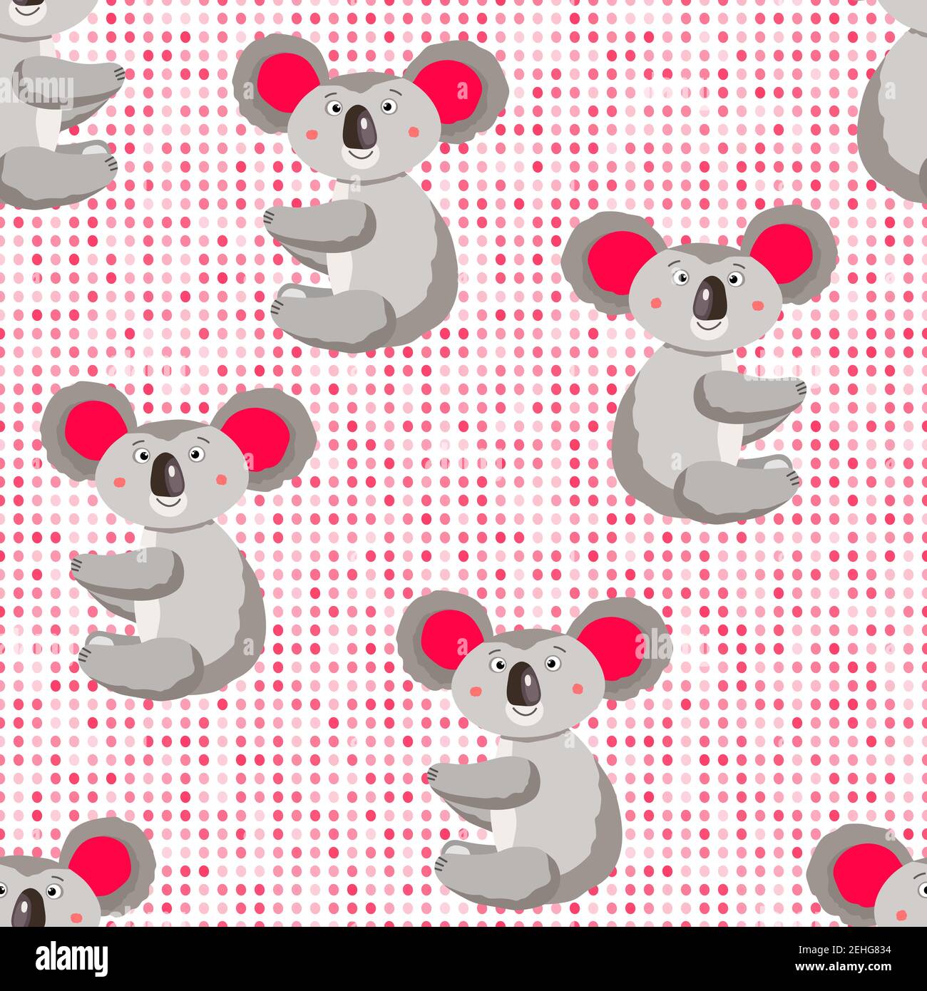 Seamless pattern with cute koala baby and hearts on white polka dots ...