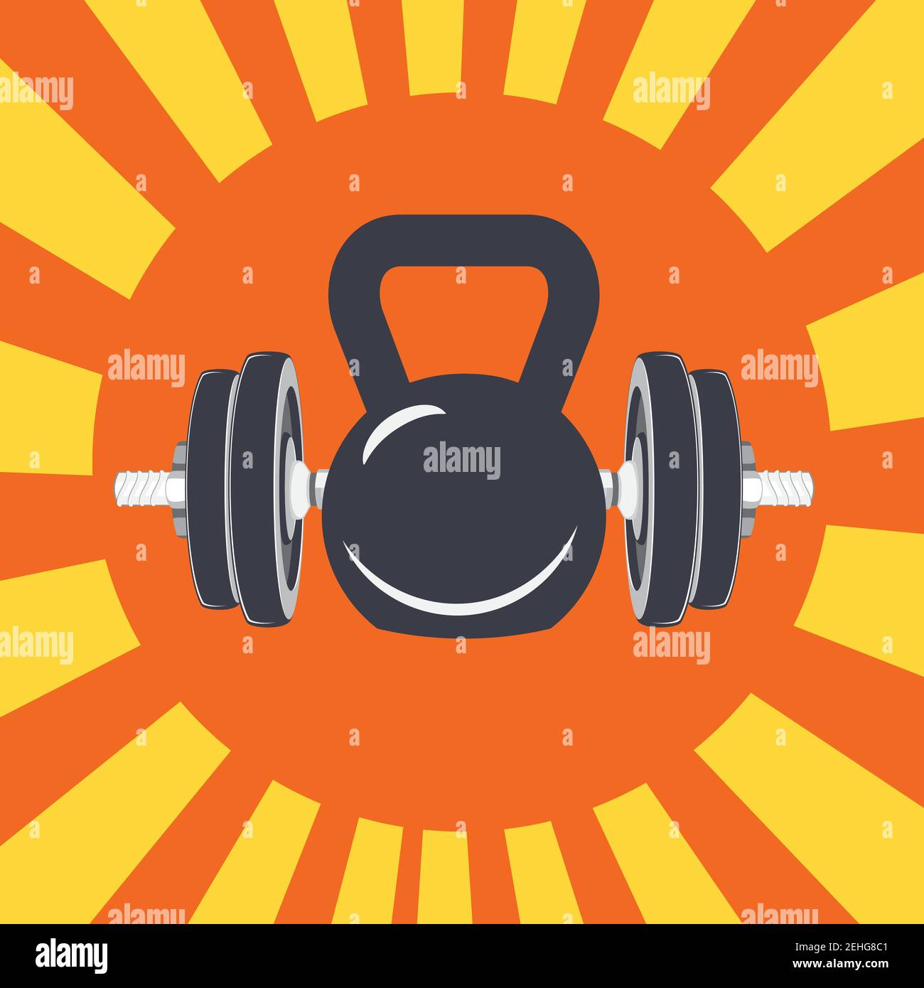 Abstract fitness themed retro design, dumbbells and kettlebell ...