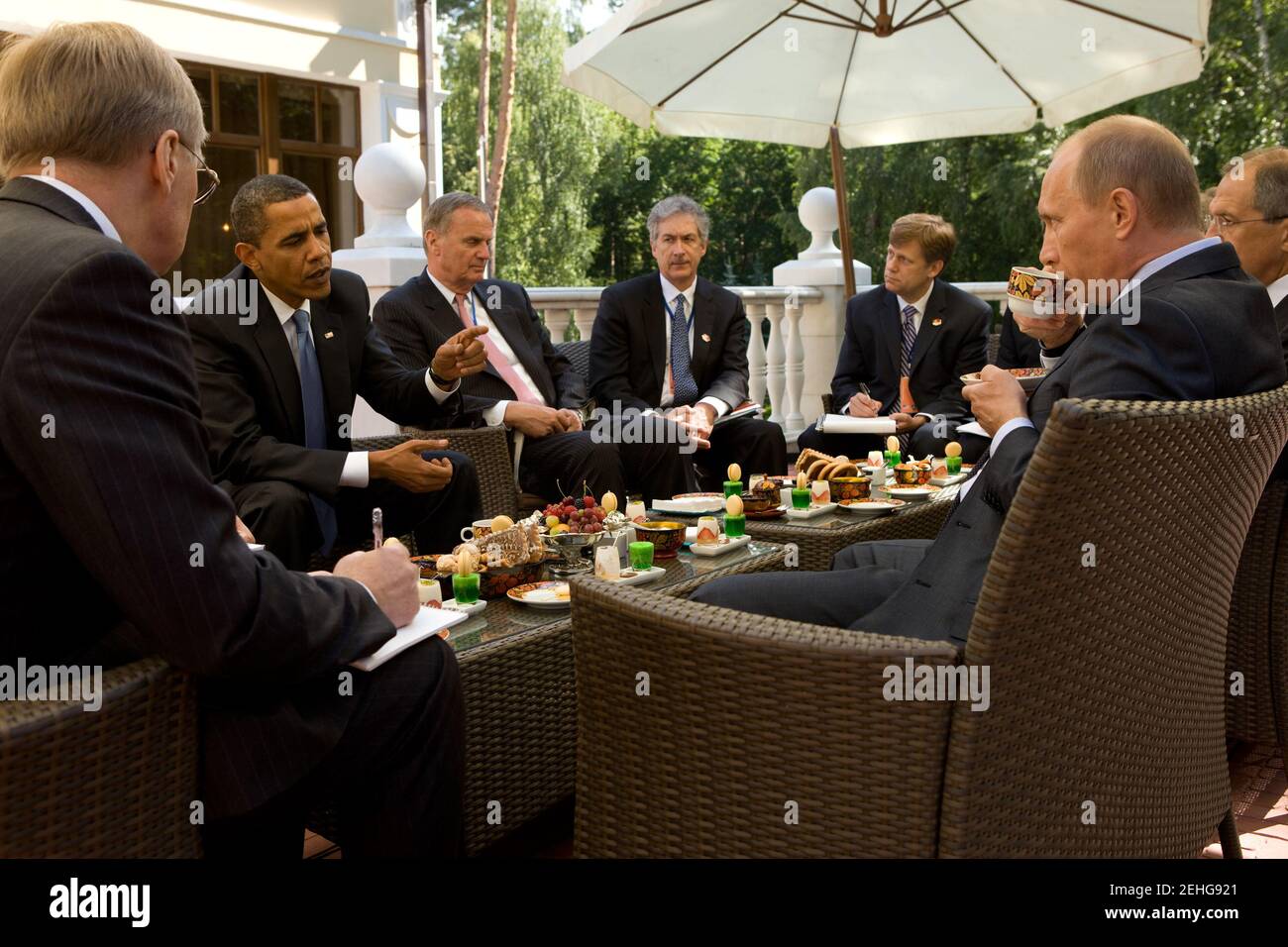 President Barack Obama and members of the American delegation, including National Security Advisor General Jim Jones, Under Secretary for Political Affairs Bill Burns, and NSC Senior Director for Russian Affairs Mike McFaul, meet with Prime Minister Vladimir Putin at his dacha outside Moscow, Russia, July 7, 2009. Stock Photo