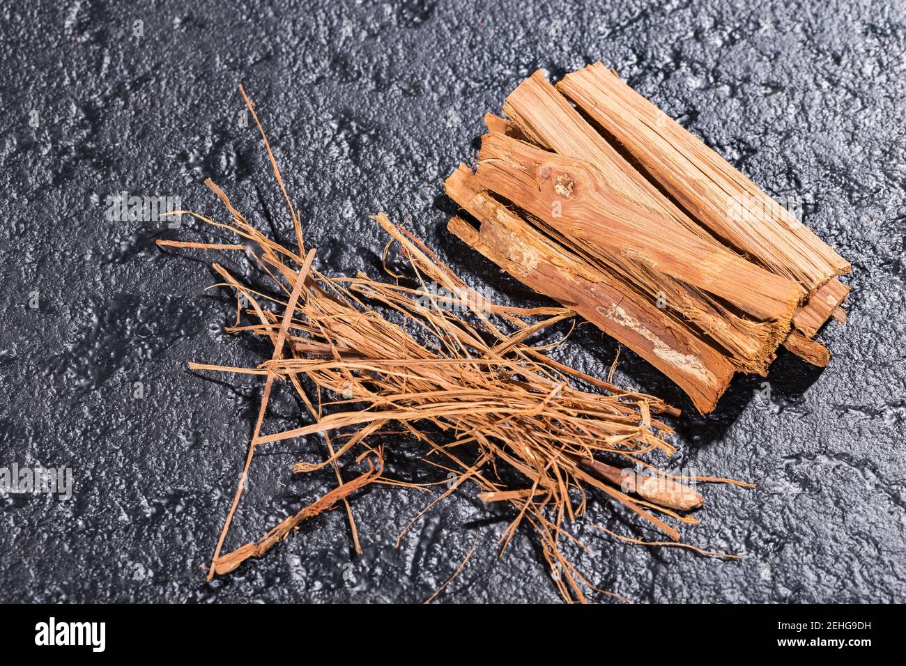 bark of cat's claw plant, Uncaria tomentosa on black background Stock