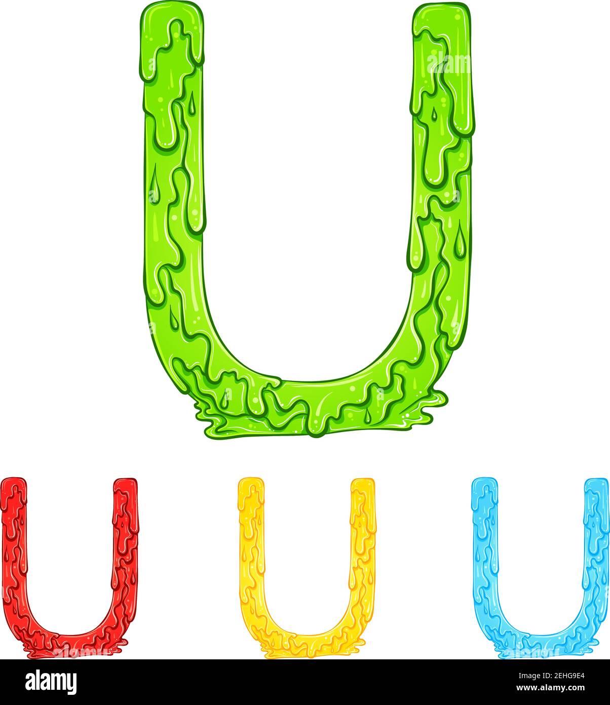 Letter U with flow drops and goo splash. Color illustration of the