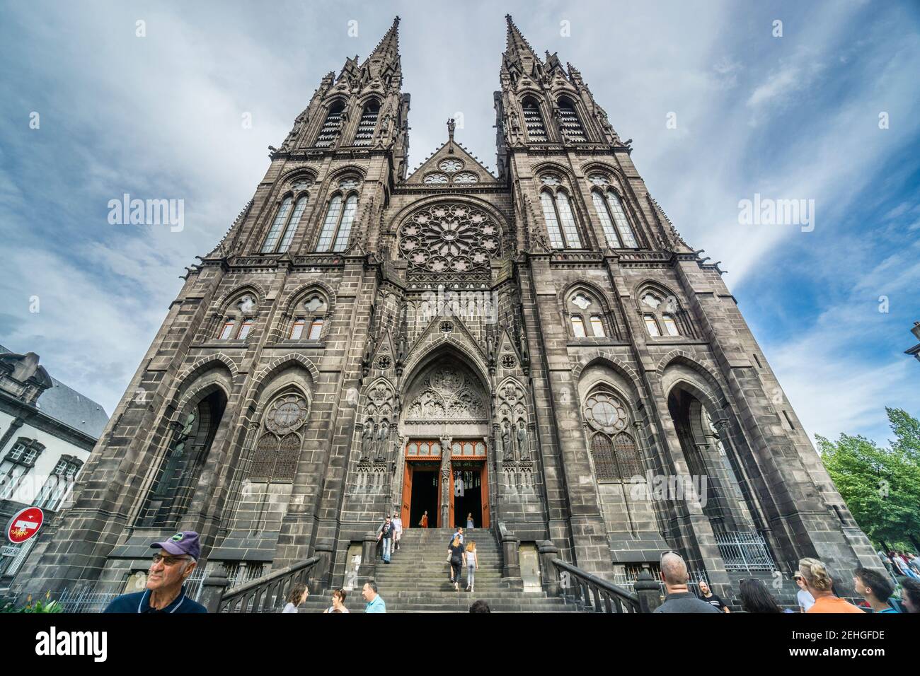 Romanesque façade and twin spires of Clermont-Ferrand Cathedral, Puy-de-Dôme department, Auvergne-Rhône-Alpes region, France Stock Photo