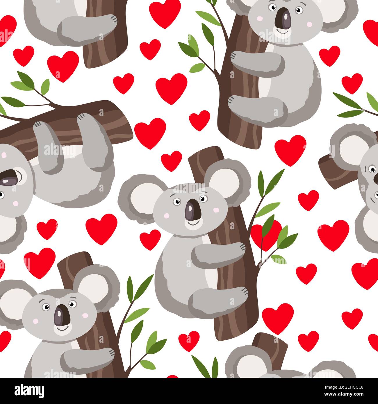 Seamless pattern with cute koala baby and hearts on white background ...
