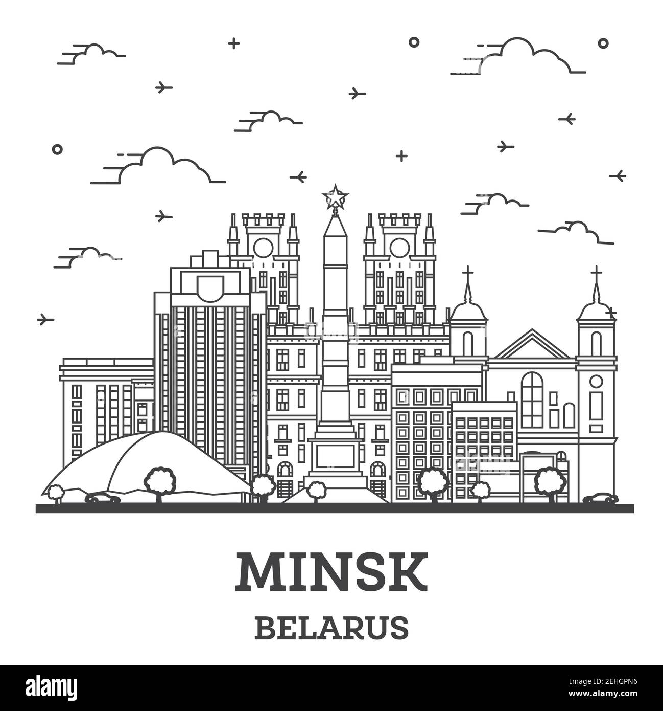Outline Minsk Belarus City Skyline with Modern Buildings Isolated on White. Vector Illustration. Minsk Cityscape with Landmarks. Stock Vector