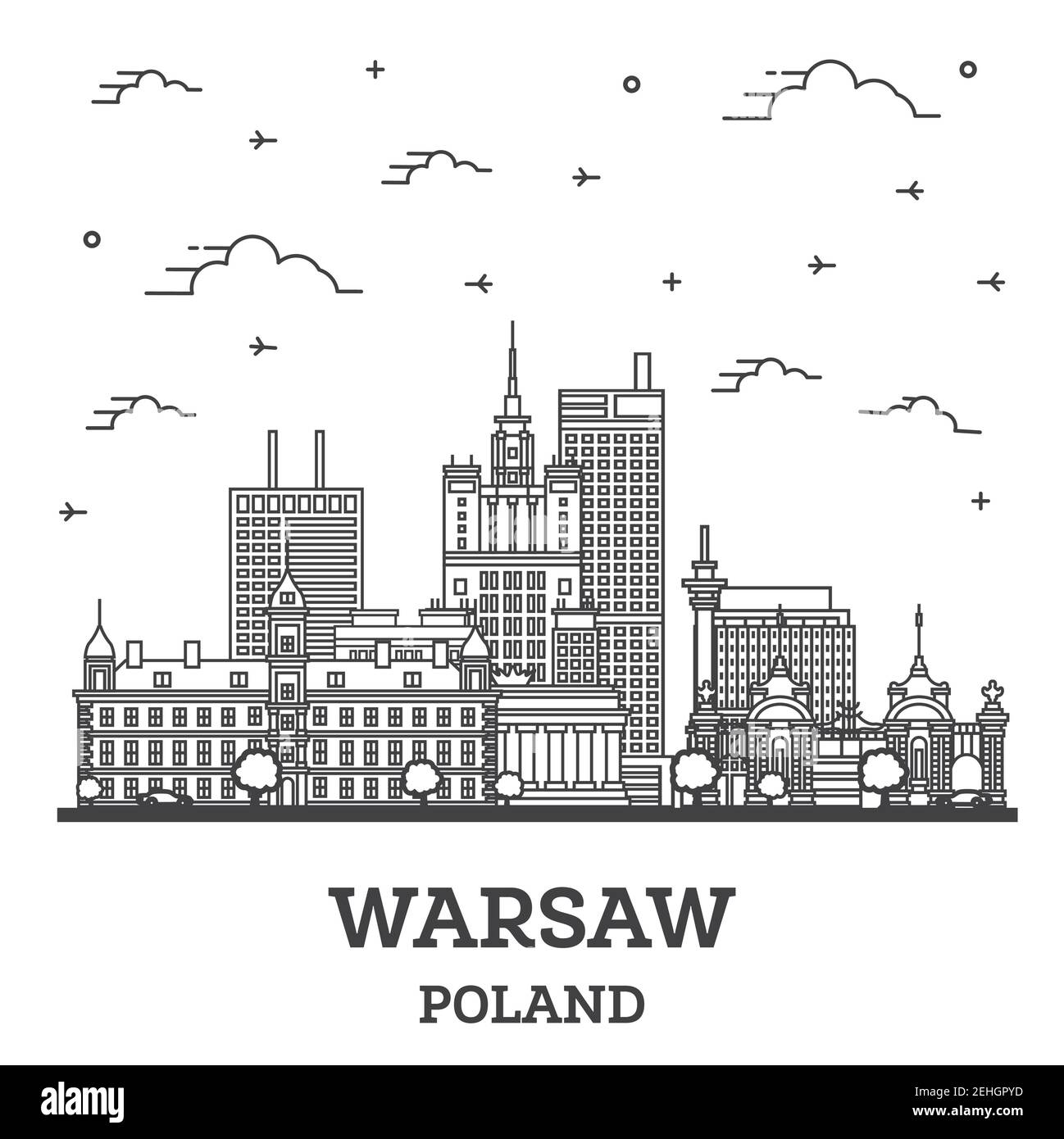 Outline Warsaw Poland City Skyline with Modern Buildings Isolated on White. Vector Illustration. Warsaw Cityscape with Landmarks. Stock Vector