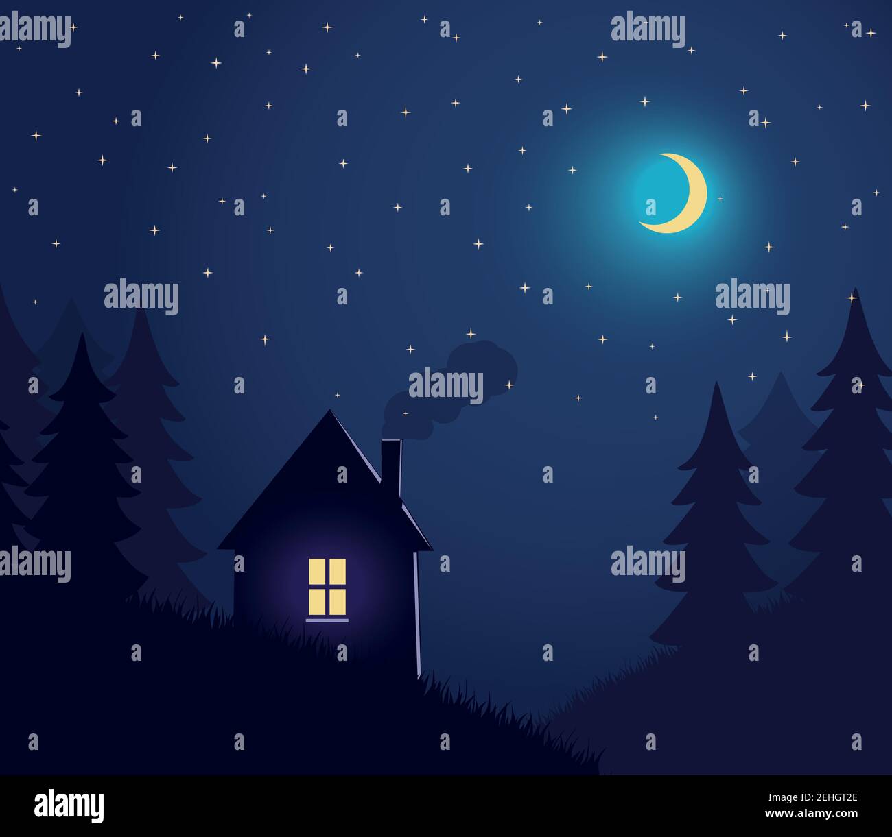 House and tree and night sky with stars and moon House and tree and ...