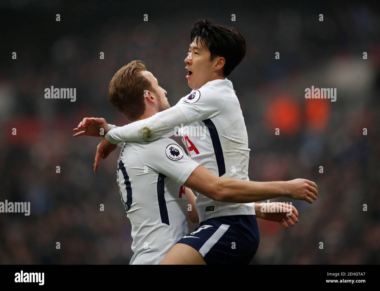 Soccer Football - Premier League - Tottenham Hotspur vs Huddersfield Town - Wembley Stadium, London, Britain - March 3, 2018   Tottenham's Son Heung-min celebrates scoring their second goal with Harry Kane    REUTERS/Eddie Keogh    EDITORIAL USE ONLY. No use with unauthorized audio, video, data, fixture lists, club/league logos or 'live' services. Online in-match use limited to 75 images, no video emulation. No use in betting, games or single club/league/player publications.  Please contact your account representative for further details. Stock Photo