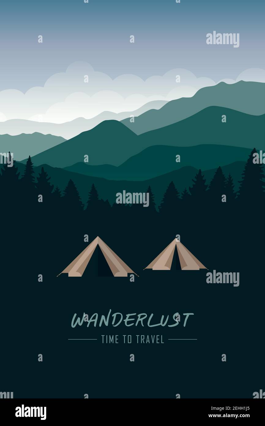 camping adventure tent at green mountain and forest landscape vector ...