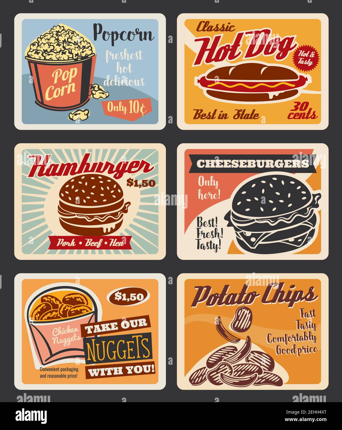 Fast food retro posters for cinema bistro bar or fastfood restaurant