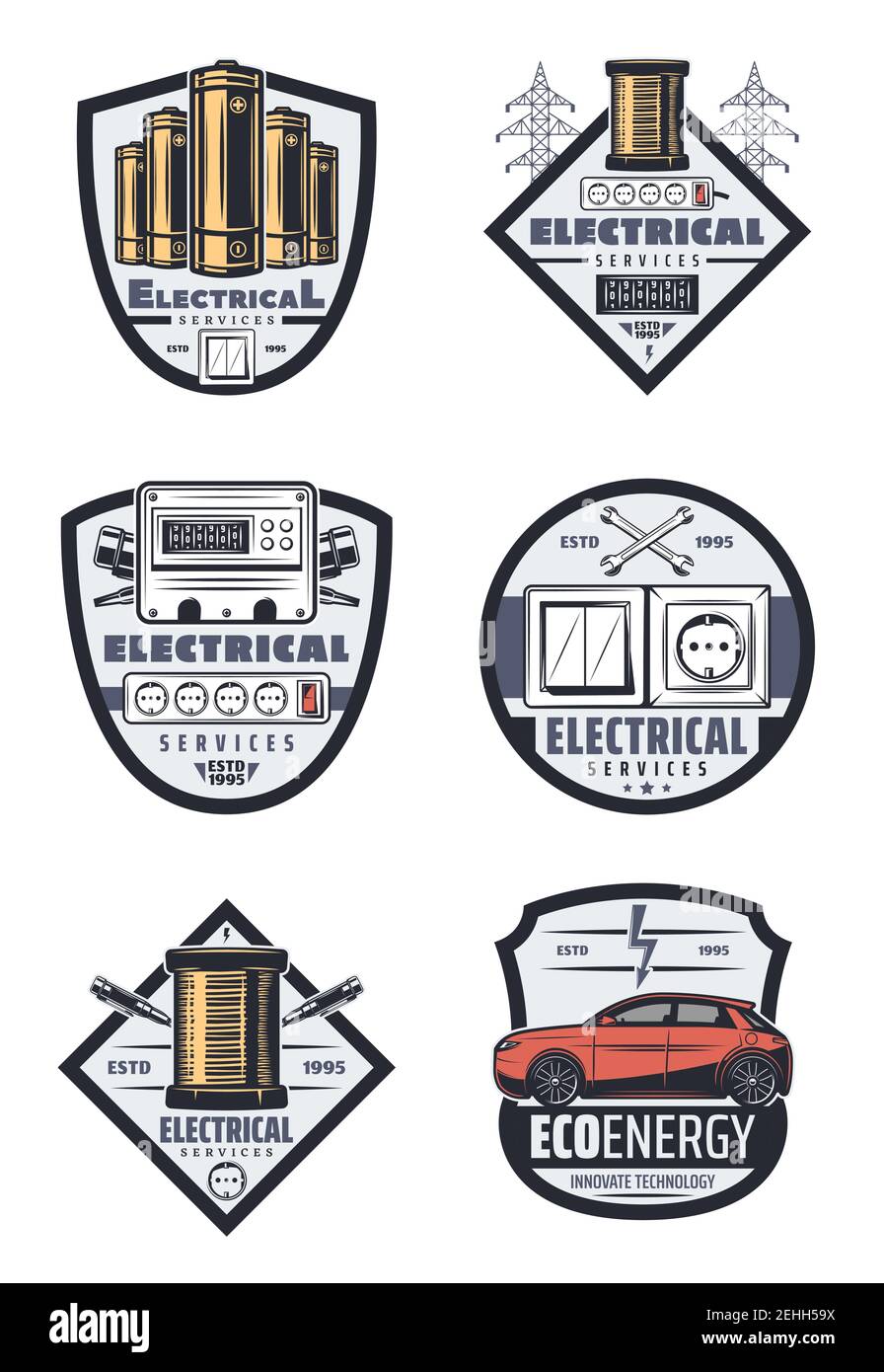 Electrical service icons for home electricity and car transport