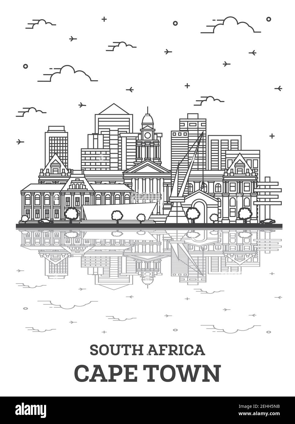 Outline Cape Town South Africa City Skyline with Modern Buildings and Reflections Isolated on White. Vector Illustration. Stock Vector