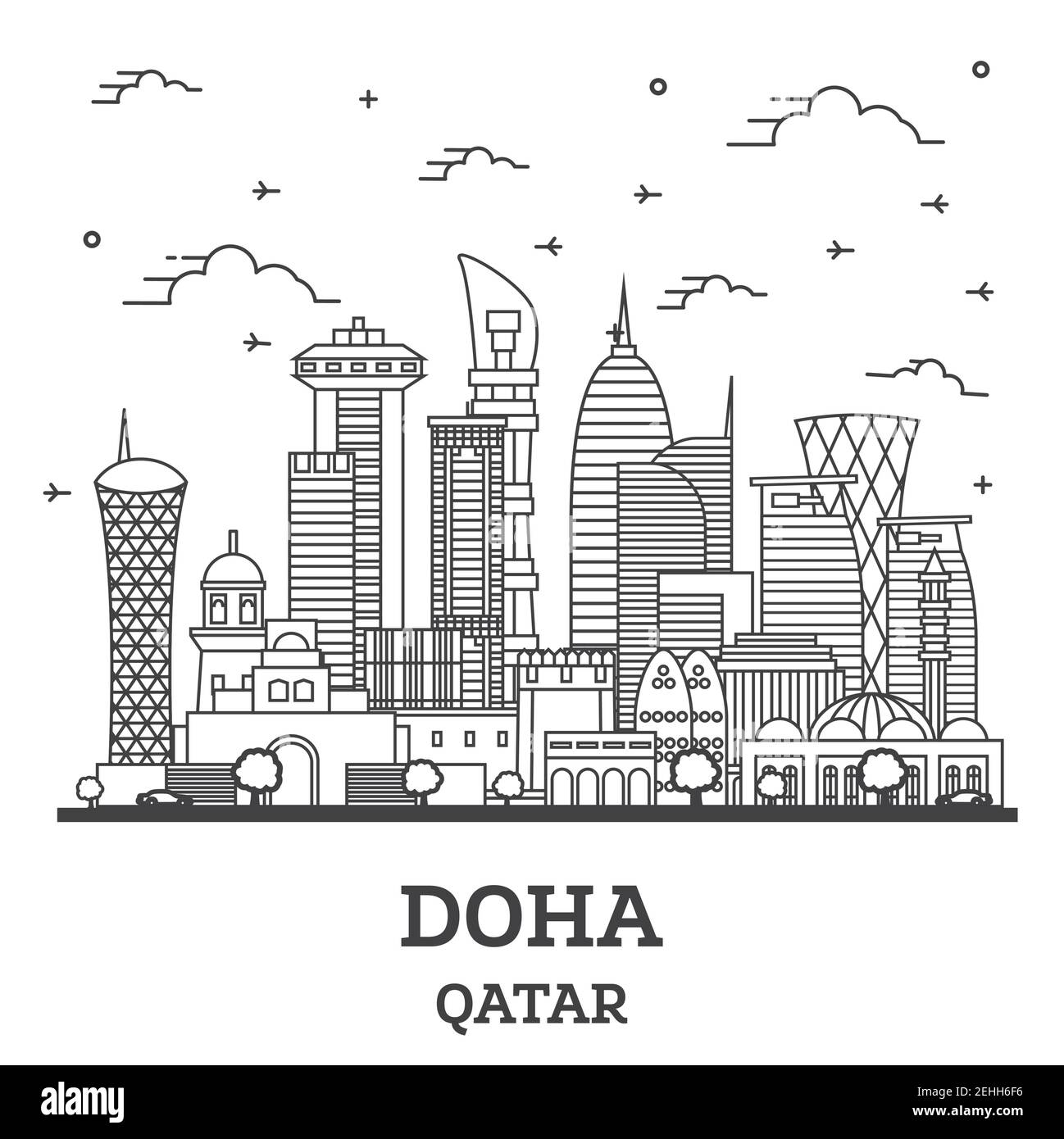 Outline Doha Qatar City Skyline with Modern Buildings Isolated on White. Vector Illustration. Doha Cityscape with Landmarks. Stock Vector