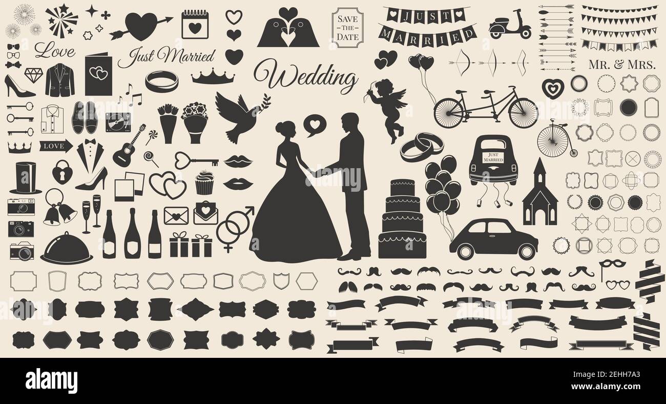 Set of Wedding Marriage, Bridal Invitation Vintage Design Elements, Designers Toolkit Stock Vector