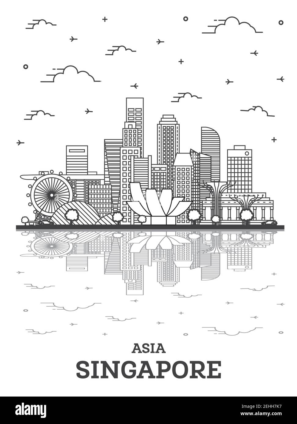 Outline Singapore City Skyline with Modern Buildings and Reflections Isolated on White. Vector Illustration. Singapore Cityscape with Landmarks. Stock Vector