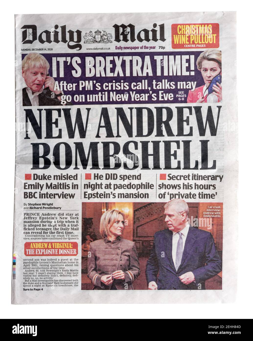 The front page of the Daily Mail newspaper with the headline New Andrew Bombshell about the relationship between Prince Andrew and Jeffrey Epstein Stock Photo