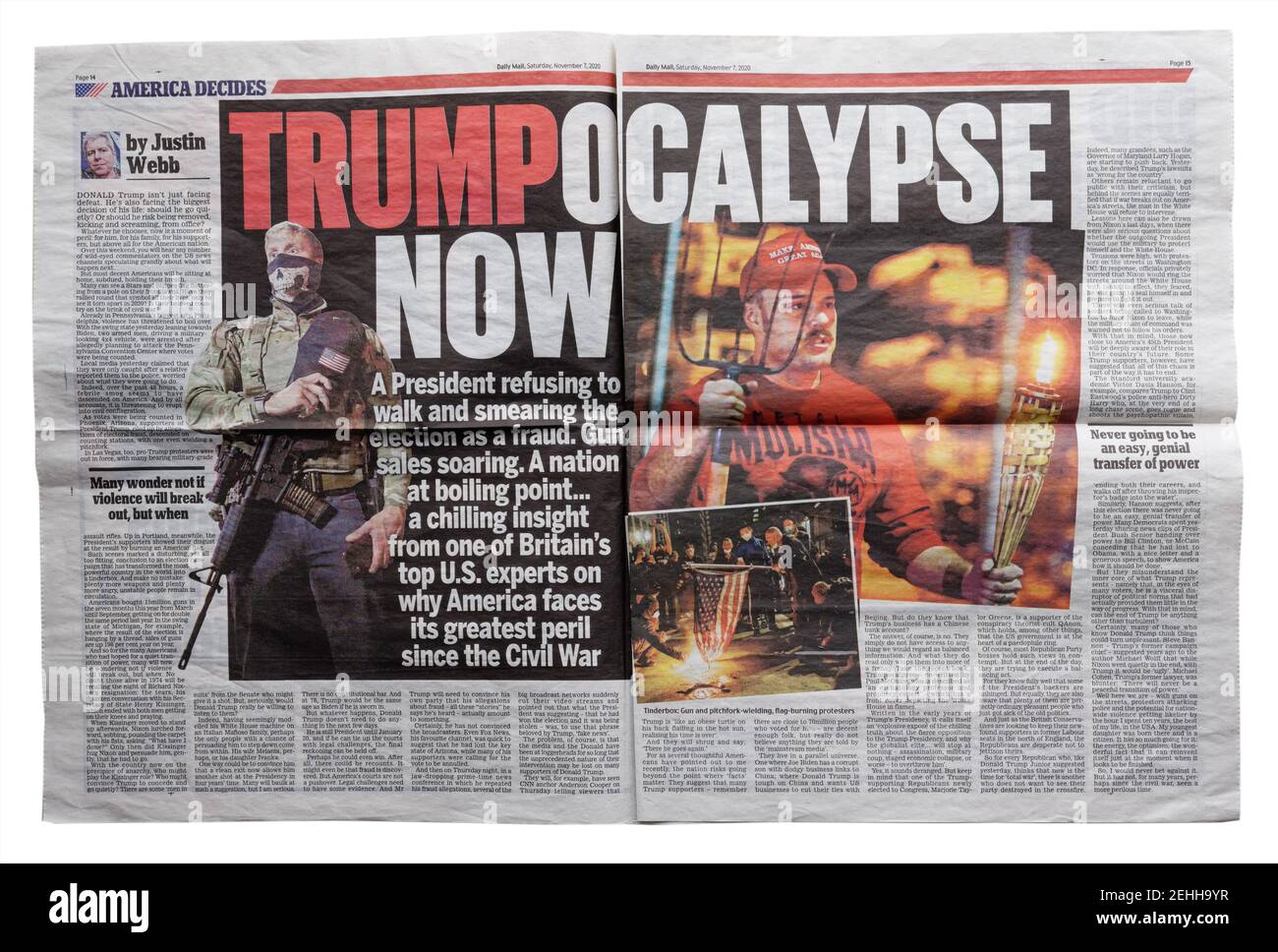 A double page spread of the Daily Mail newspaper with the headline Trumpocalypse Now about the Capitol invasion of 6 January 2021 Stock Photo