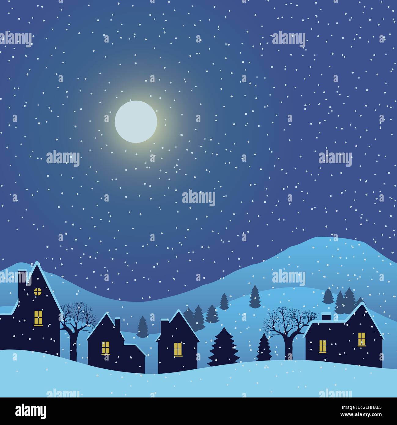 Winter village night background. Vector illustration Stock Vector