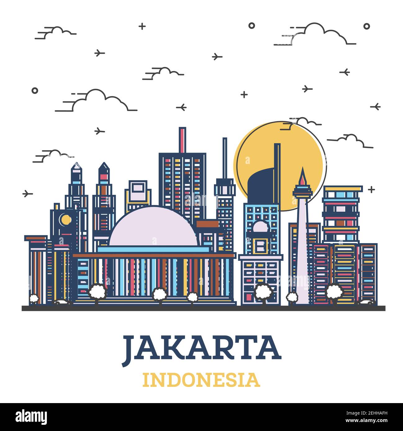 Outline Jakarta Indonesia City Skyline with Colored Modern Buildings Isolated on White. Vector Illustration. Jakarta Cityscape with Landmarks. Stock Vector