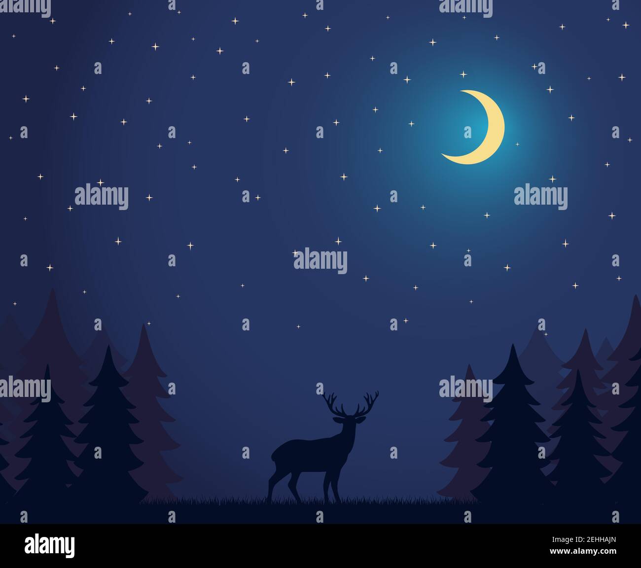 Deer Walks in the Night Forest Vector Illustration Deer Walks in the Night Forest Vector Illustration Stock Vector