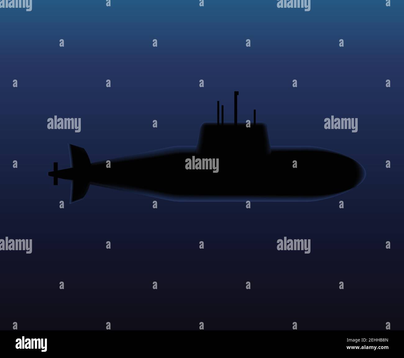 Military Submarine Diving In Dark Ocean Vector Illustration. Stock Vector
