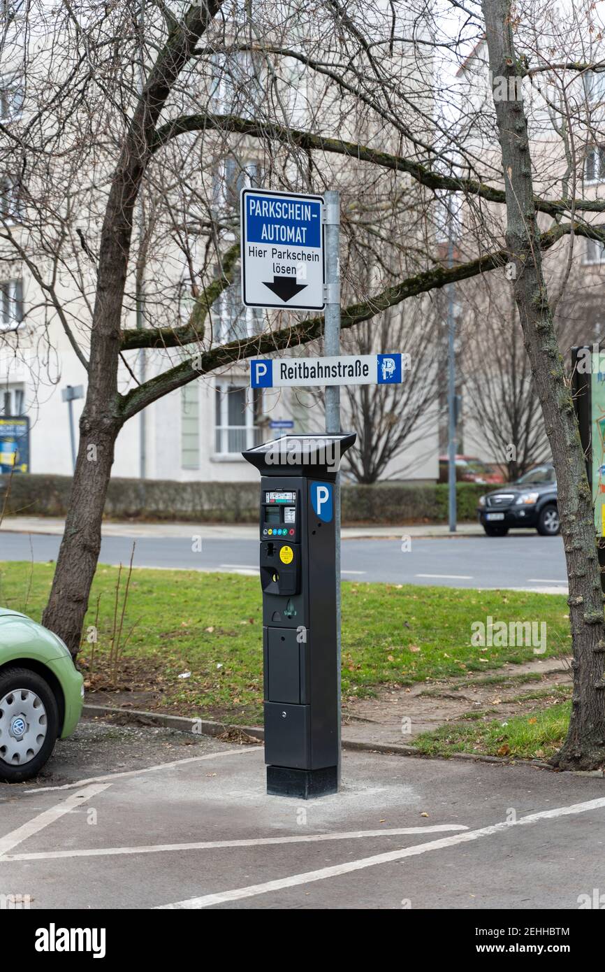 Dresden, Germany Park ticket machine on a parking lot space to leave the car standing in the city. Stock Photo