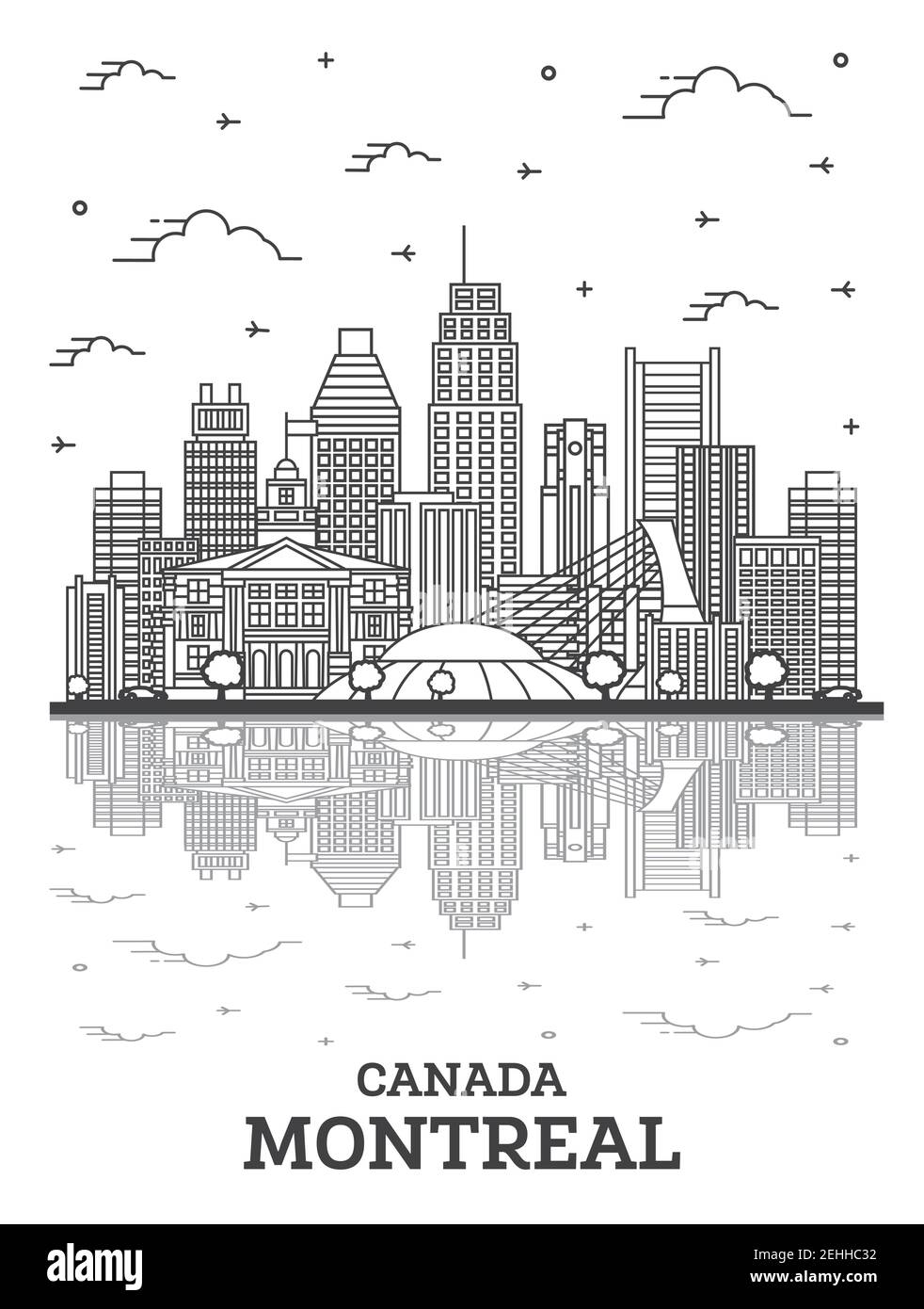 Outline Montreal Canada City Skyline with Modern Buildings and Reflections Isolated on White. Vector Illustration. Montreal Cityscape with Landmarks. Stock Vector