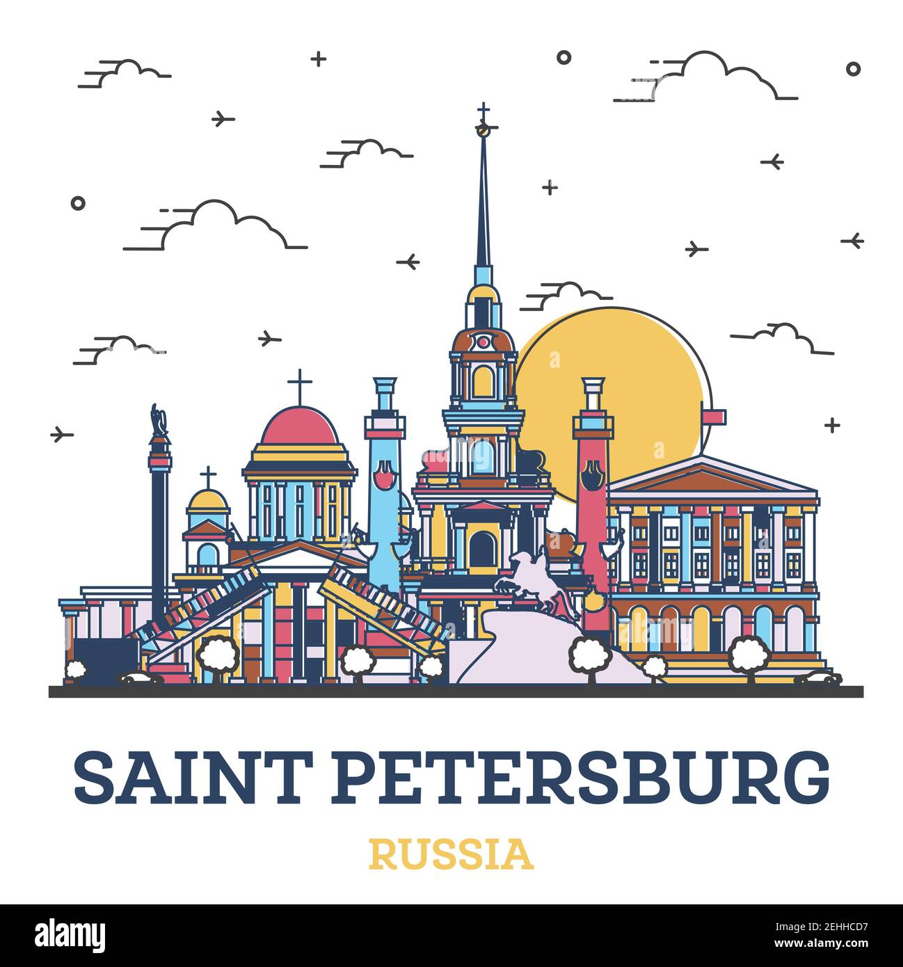 Outline Saint Petersburg Russia City Skyline with Colored Historic
