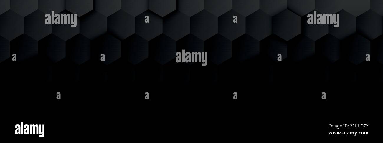 Abstract black hexagons on dark panoramic background - illustration Stock Vector
