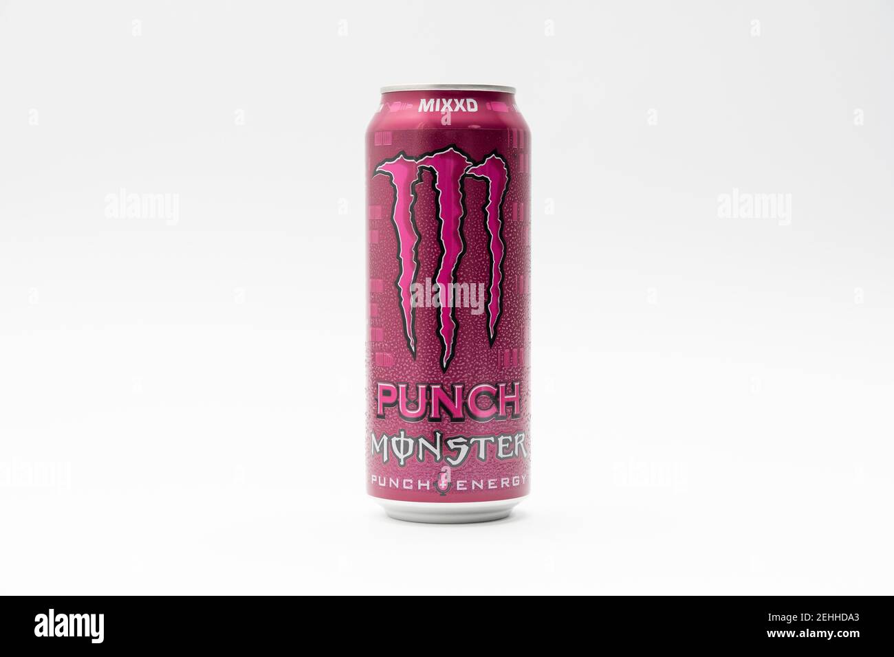 Purple Monster Energy Drink Punch MIXXD beverage can with tropical fruit  flavour taste on clean white background. Studio product photo Stock Photo -  Alamy