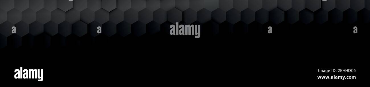 Abstract black hexagons on dark panoramic background - illustration Stock Vector