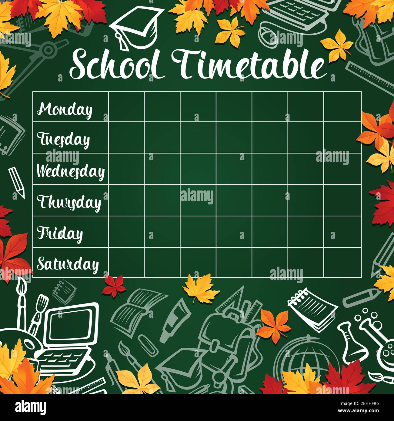 School timetable template of weekly lesson schedule on green chalkboard poster, framed with school supplies, pencil, book and pen, ruler, paint and au Stock Vector