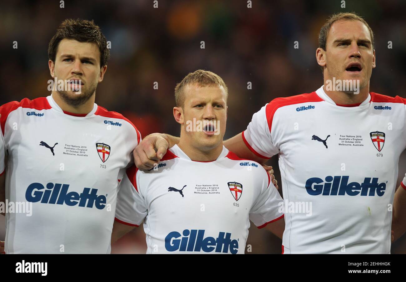 Rugby League - Australia v England Gillette Four Nations Group Match - AAMI  Park, Melbourne, Australia - 31/10/10 (L-R) England's Darrell Goulding, Lee  Robinson and Gareth Ellis during the national anthem Mandatory